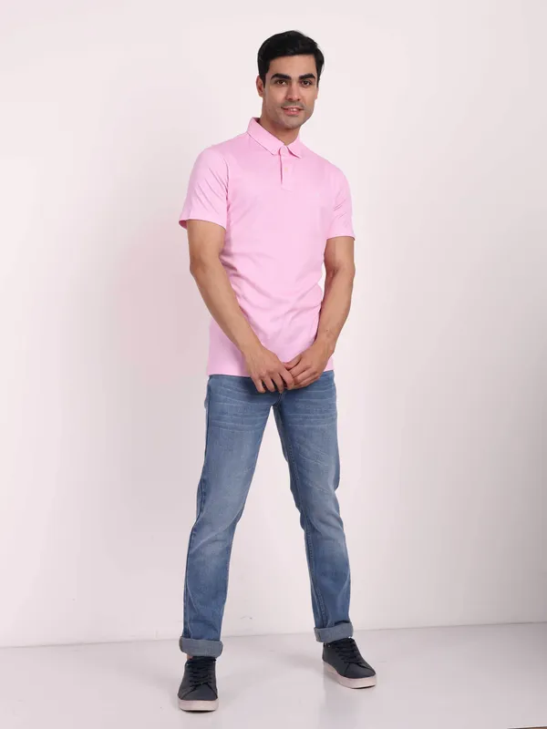 One_Sky_Solid_Men_Polo_Neck_Pink_T-Shirt